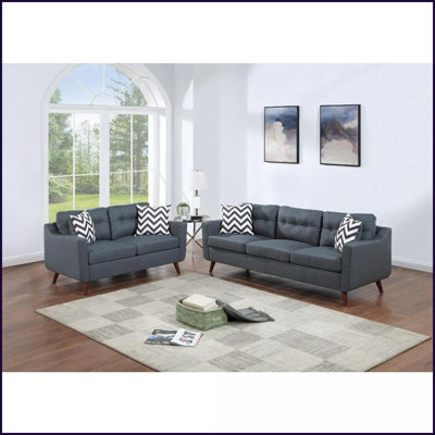 Modern Blue Gray Polyfiber 2-Piece Sofa Set – 3-Seater Sofa + 2-Seater Loveseat with Tufted Back &amp; Pillows for Living Room | Blue Gray | Tufted Back | Pine Plywood Frame