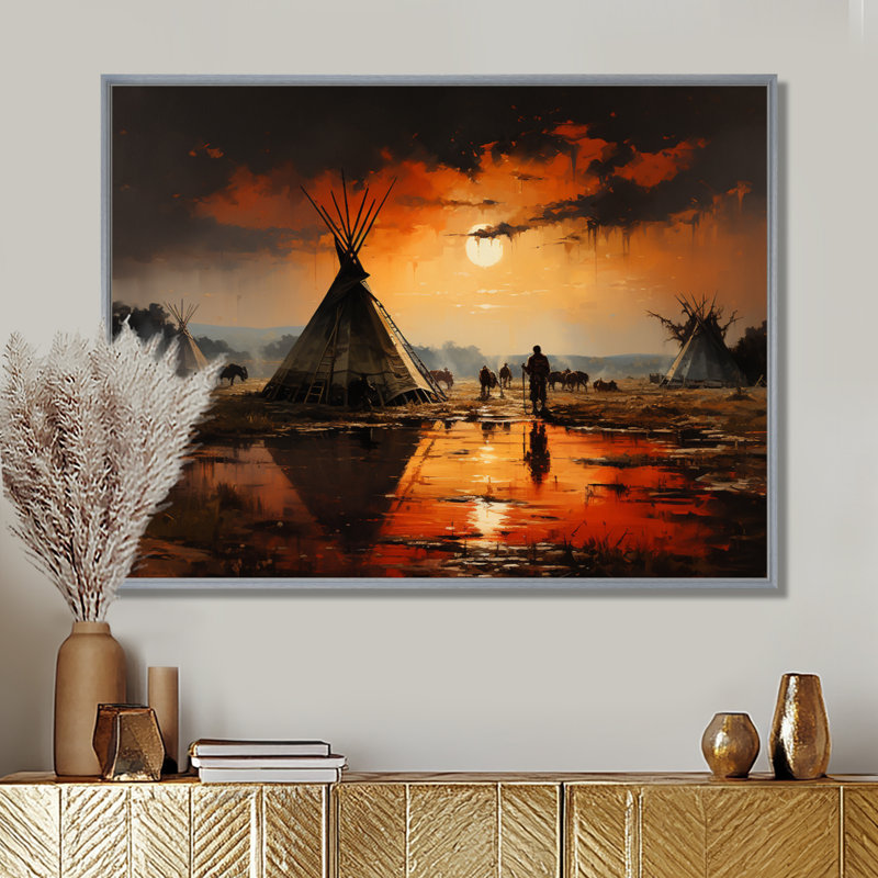 Reproduction d'art sur toile, "Native Orange Tent", H 34 po x l 44 po x P 1,5 po, Encadrement argenté