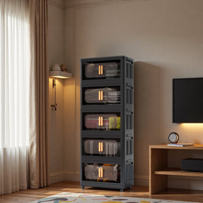 Armoire de rangement pliante latérale de 20 po de large, 5 niveaux, 19,69 po x 11,81 po x 50,00 po, bacs de rangement pliables avec porte magnétique, armoire de rangement en plastique avec roues