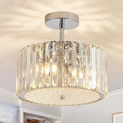 Plafonnier semi-encastré Modern Crystal Chandelier avec base en acrylique ondulée, conception à 3 lumières pour le couloir, la chambre à coucher, la cuisine et l'entrée