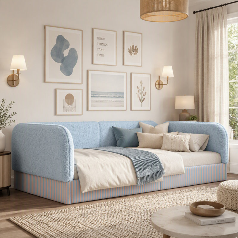 Lit simple Montessori avec revêtement en molleton Teddy, Twin, Patchwork, Blue