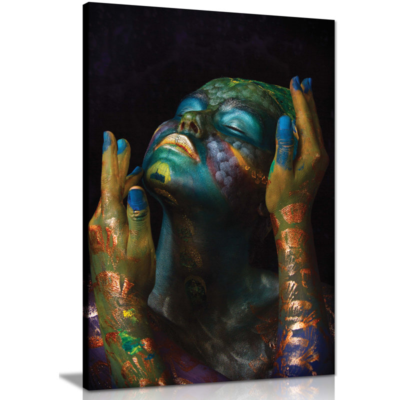 Panther Print Fine Art Prints Woman In Metallic Blue & Green Face & Body Paint Portrait Artistic Framed Canvas Prints, Pictures For Home Walls, Bedroom, Living Room & Bathroom Decor - Wrapped Canvas Art Prints