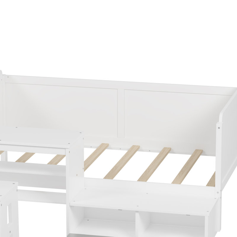 Wooden  Daybed With Storage Shelves And Lockers, Multi-Functional Bed With Study Desk And Matching Stool, White