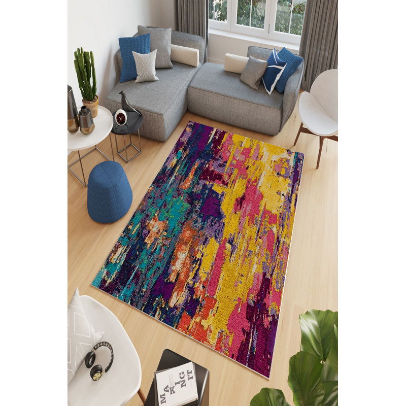 Rectangle Machine Braided Polyester Area Rug in Purple/Pink/Yellow, Rectangle 2' x 3'3"
