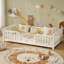 Lit double blanc avec barrière de sécurité et entrée centrale, plancher en pin massif avec barrières de sécurité complètes (sans sommier à lattes)-29091396-29091397