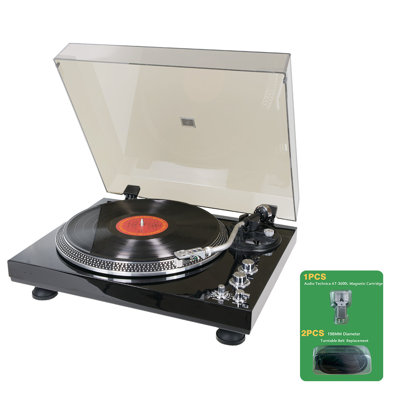 Platine vinyle CrosAudio Vintage à entraînement par courroie avec sortie Bluetooth et cellule AT-3600L, noire, sortie en ligne RCA, lecteur vinyle rétro, cadeau idéal pour les mélomanes.