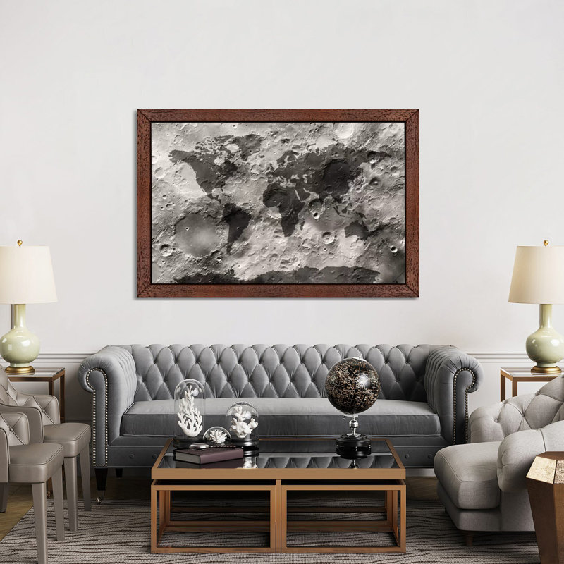 World Map On The Moon's Surface by Michael Tompsett - Print on Canvas, 152.5 cm H x 101.5 cm W, Brown Framed