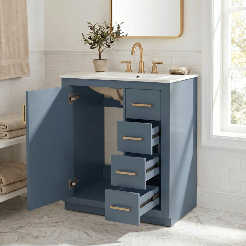 Meuble-lavabo autoportant 24 po en MDF + fer avec plateau à 3 tiroirs et portes à fermeture douce intégrées bleu, Blue, 24''