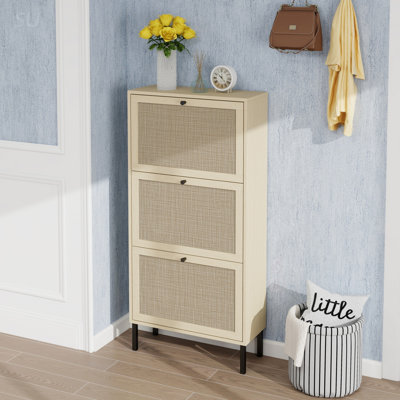 Rattan 3 Door Shoe Rack, Freestanding Modern Shoe Storage Cabinet With Durable And Moisture-Proof Design