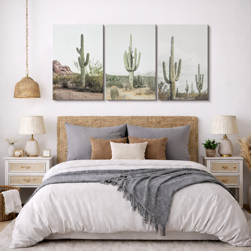 «Cactus Desert», Boho Southwest Landscape, H 36 po x l 72 po, Toile tendue