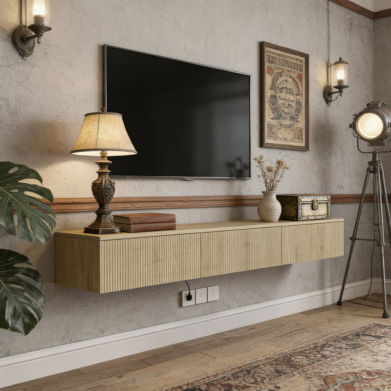 Meuble télé flottant mural avec éclairage à DEL, console multimédia moderne avec station de charge, centre de divertissement compact pour salon