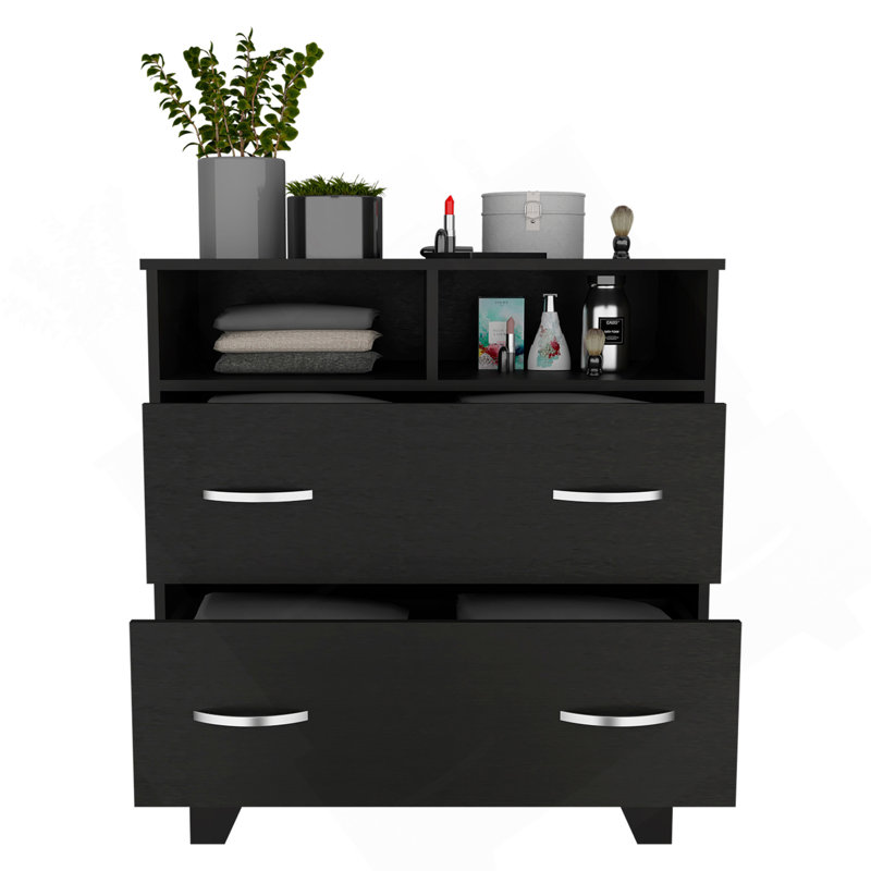 Portobelo Two Drawer Dresser, Two Shelves, Top, Four Legs, Black