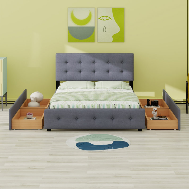 Lit plateforme tapissier avec tête de lit classique et 4 tiroirs, Gris foncé