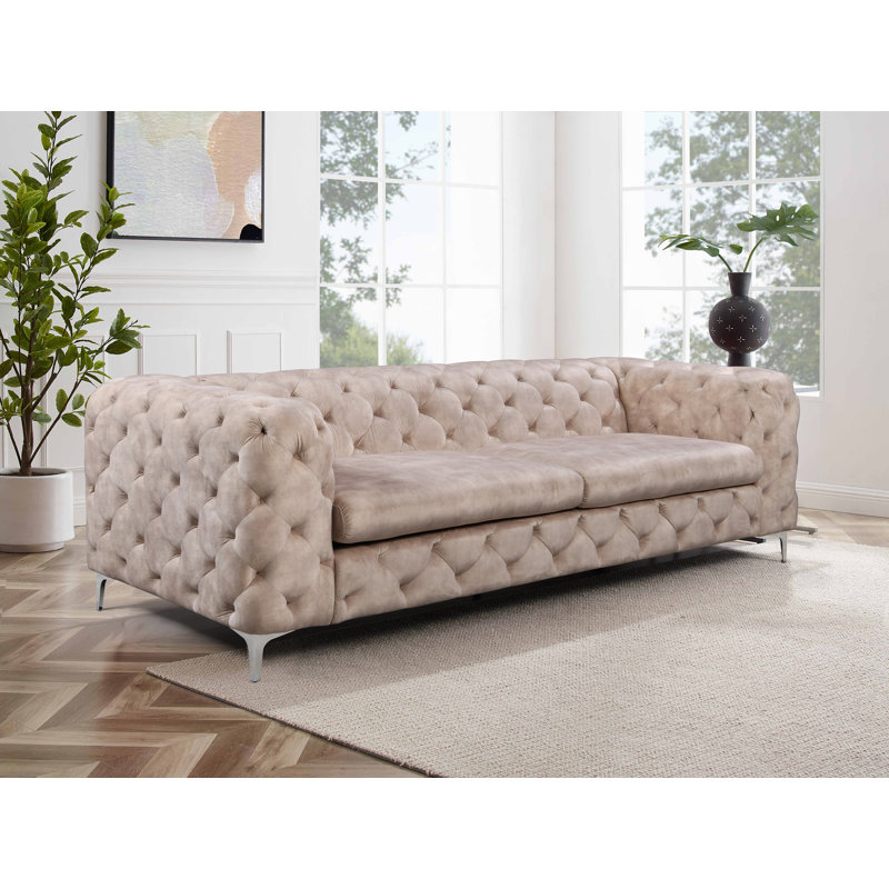 Ghaleb 237Cm Velvet Square Arms Sofa, Off White Polyester Blend, Silver