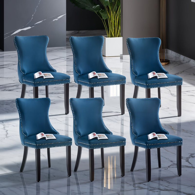 Blue Velvet Upholstered Dining Chairs with Nailhead Trim, Set of 6