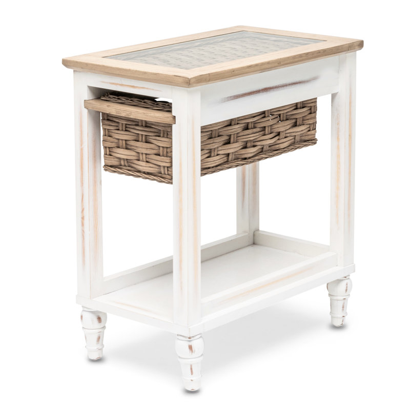 Ewart Beachside Chairside with Wicker Rattan Basket End Table with Glass Inlay, White