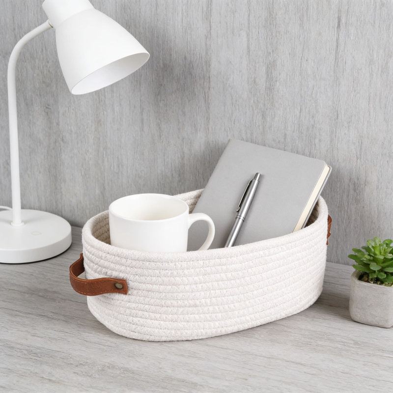 Cotton Rope Woven Storage Basket With Handles, 2-Pack Foldable Decorative Basket For Bathroom, Living Room, And Bedroom Organization