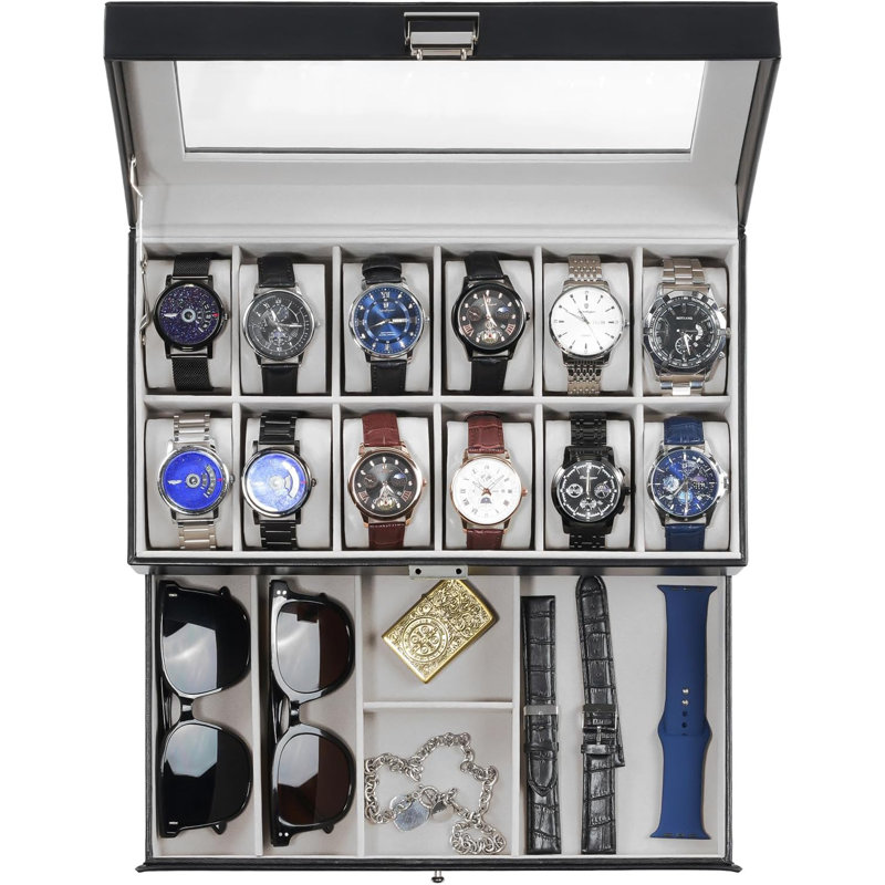 12-Slot Men's Watch Box with Drawer, Black