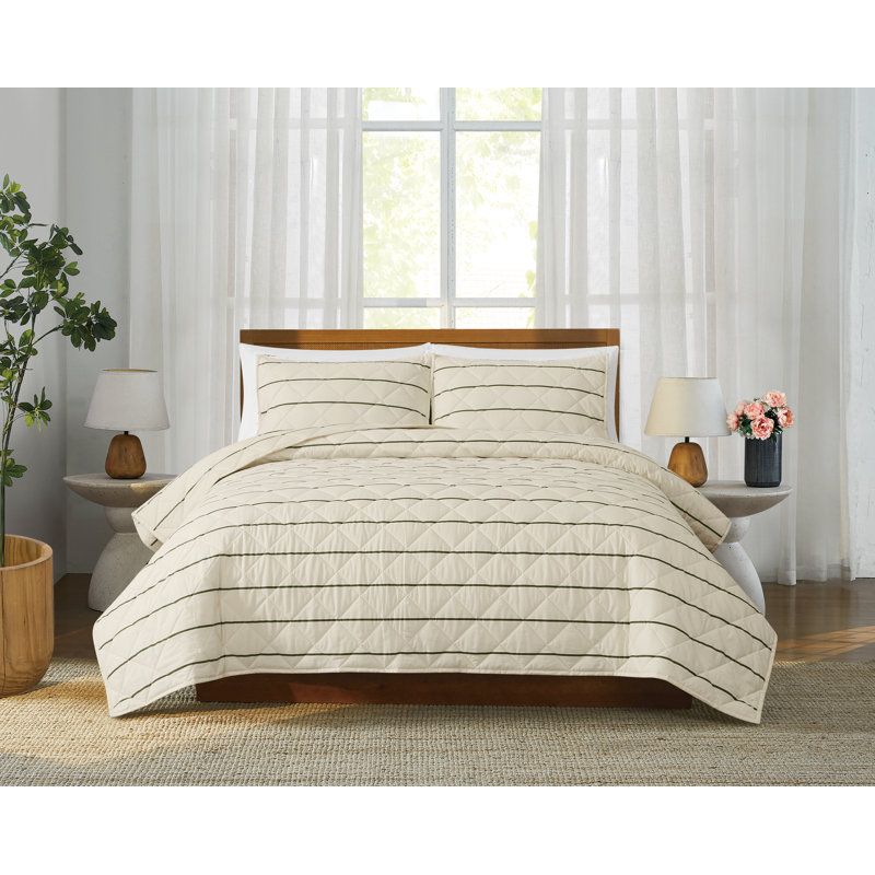 Brooklyn Loom Hayward Stripe Quilt Set, Ivory/Green, King Quilt + 2 King Shams