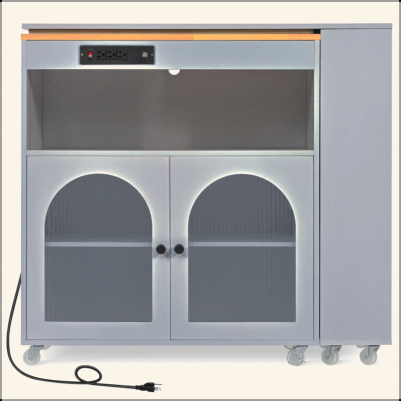 Rolling Kitchen Island With Extended Table, Kitchen Island On Wheels With LED Lights,Power Outlets And 2 Fluted Glass Doors, Kitchen Island With A Storage Compartment And Side 3 Open Shelves
