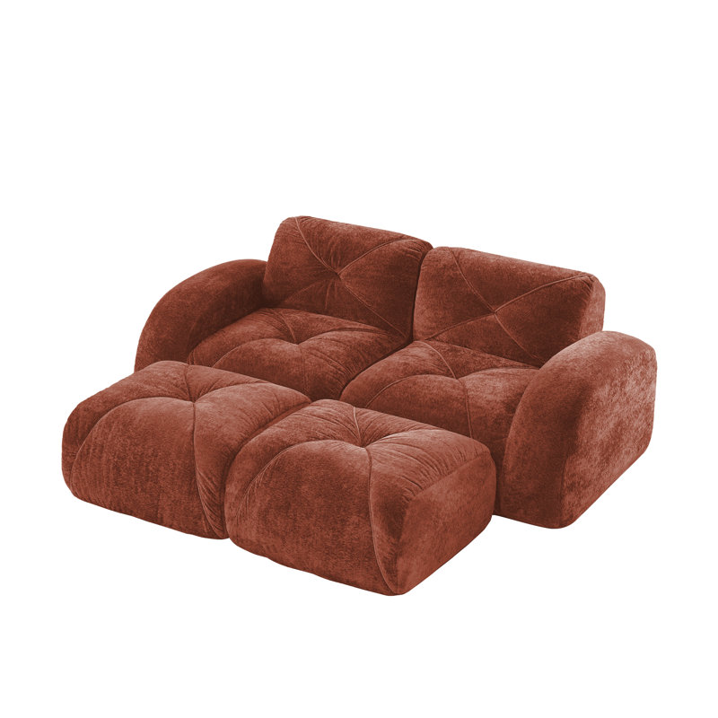 Klyrith 4-Piece Tufted Boneless U-Shaped Modular Sectional Couch With 2 Ottomans,No Assembly Required, Red Brown Velvet
