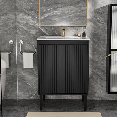 Bathroom Vanity with Sink, Floor - Standing Structure for Stability, Soft - Closing Doors for Noiseless Operation, Sleek Oak Finish for Modern Aesthetic (White Sink)