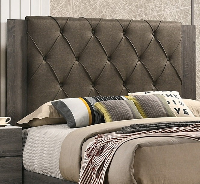 Modern Tufted Queen Bed Frame with Rubberwood Headboard in Gray