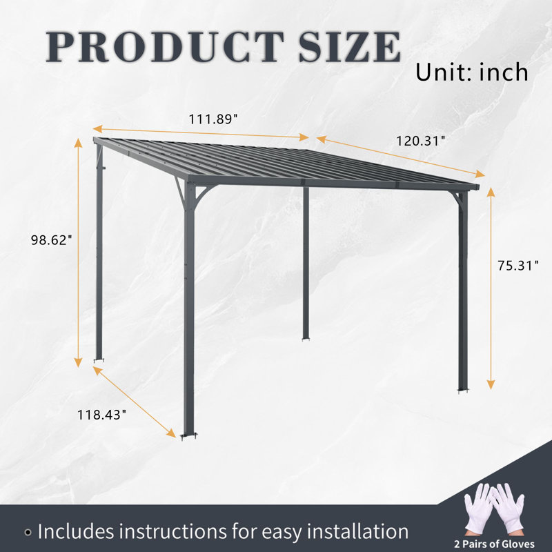 9.3x10 Outdoor Metal  Pergolas Lean To Wall-mounted Gazebo With Sloping Roof Hardtop Canopy For Patio,garden,yard