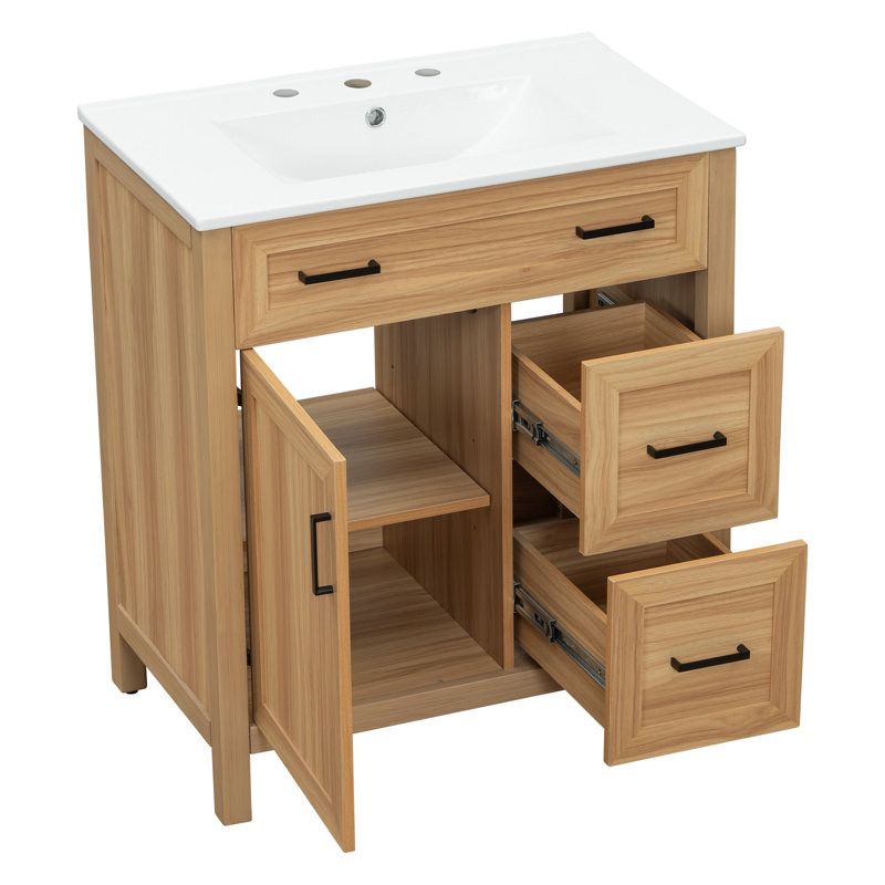 Meuble-lavabo de 30 po en bois avec cadre en bois massif, 1 porte à fermeture douce, 2 tiroirs à fermeture douce, tablette réglable, armoire de rangement moderne
