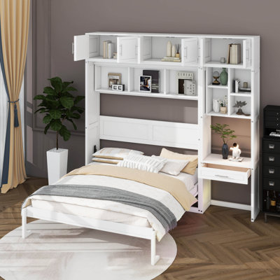 Grand lit escamotable mural avec bureau, armoire supérieure et tablettes de rangement, lit pliant peu encombrant