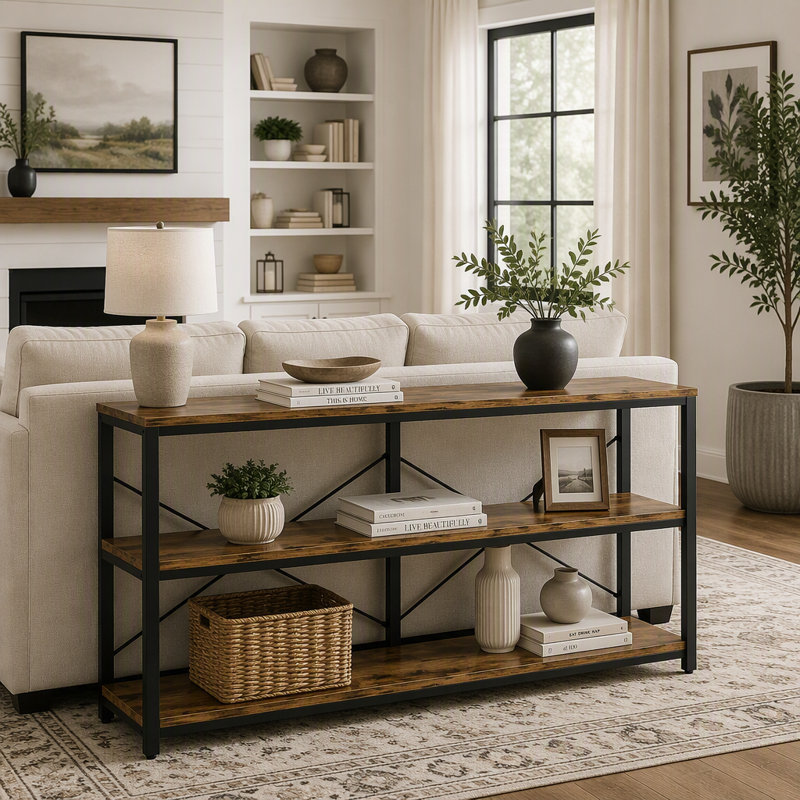 55" Industrial Wood Console Table with Storage
