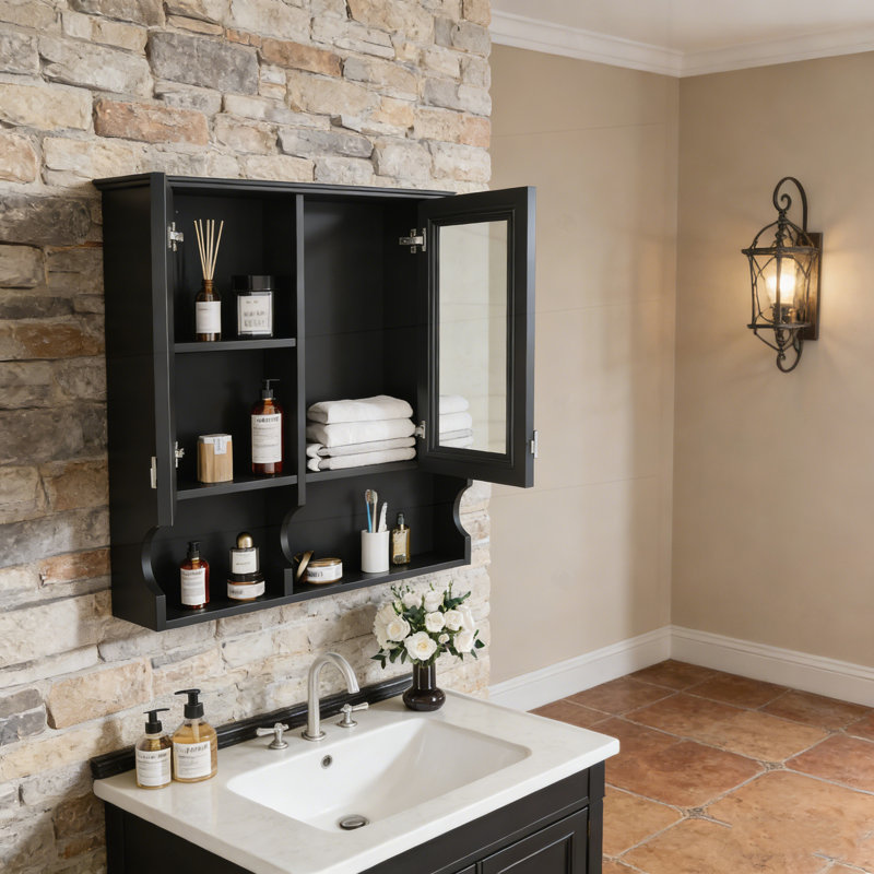 Armoire à pharmacie à miroir de 30 pouces avec tablettes ouvertes, rangement mural mural avec portes et miroir, tablette réglable, armoire de rangement pour salle de bain au-dessus de la toilette