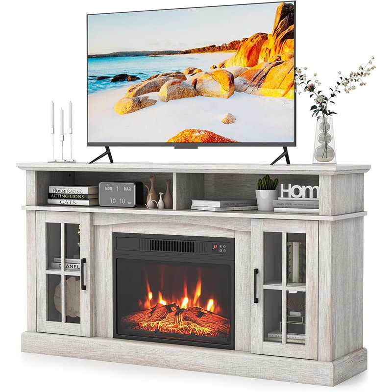 Meuble télé avec foyer électrique de 23 po avec flamme à 3 niveaux, télécommande, armoire de rangement et console multimédia pour téléviseur de 65 po ou moins
