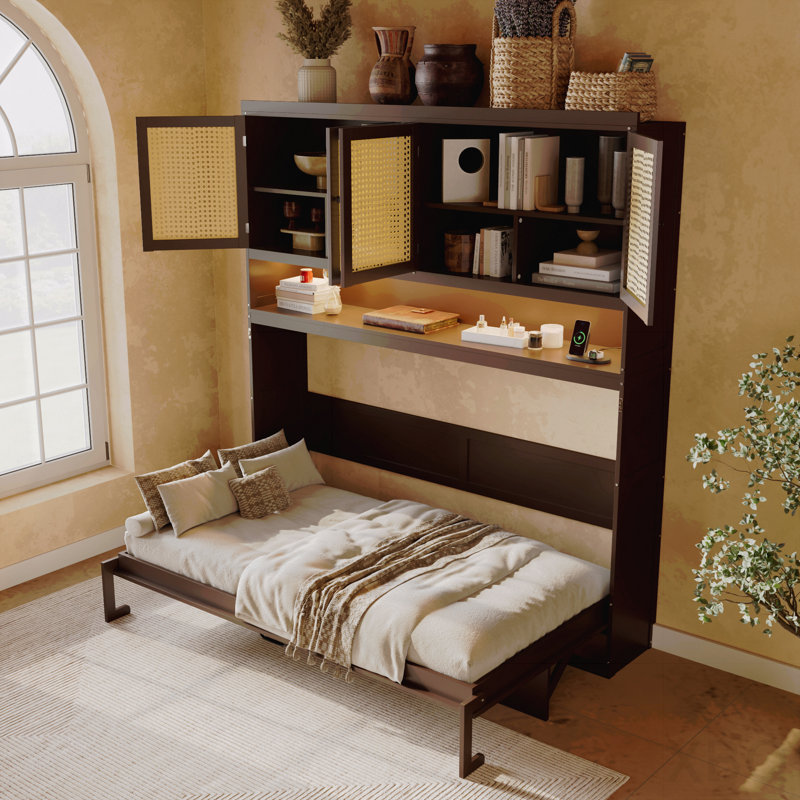 Lit escamotable simple avec armoire supérieure, lit pliable peu encombrant avec lumière et USB, espresso