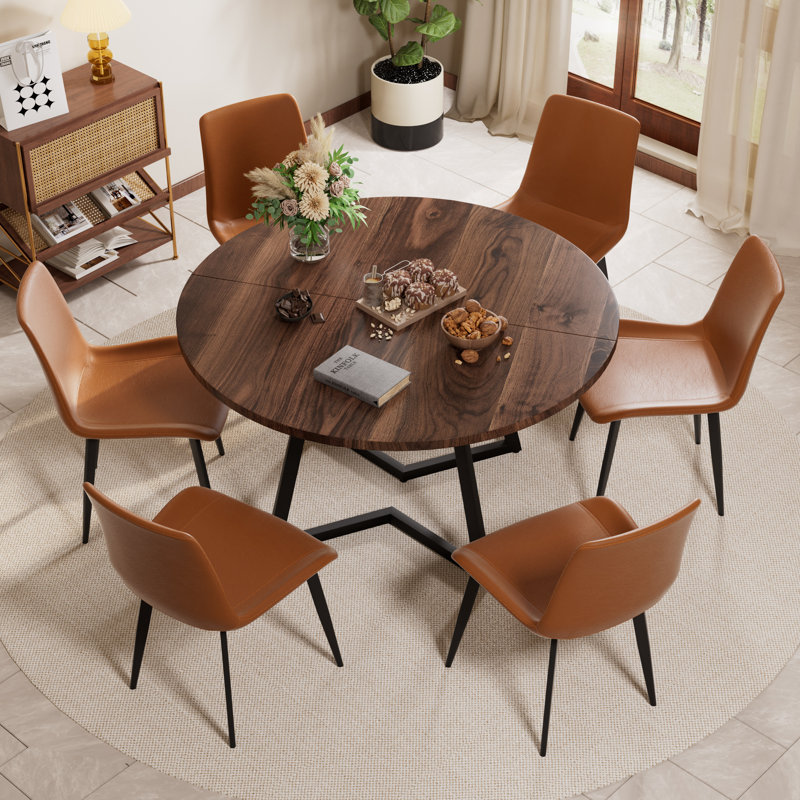 Mid Century Round Dining Table Sets, Brown, Walnut, 7