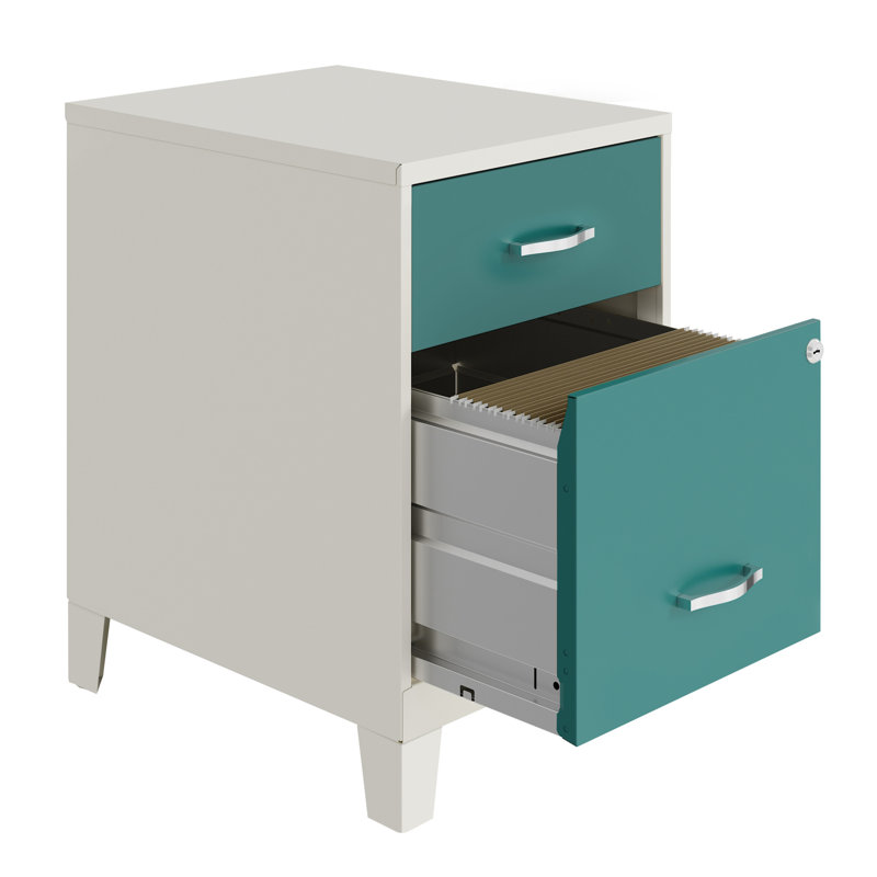 18" Deep 2 Drawer Letter Width Vertical File Cabinet With Accessory Drawer And Steel Legs, White/Teal