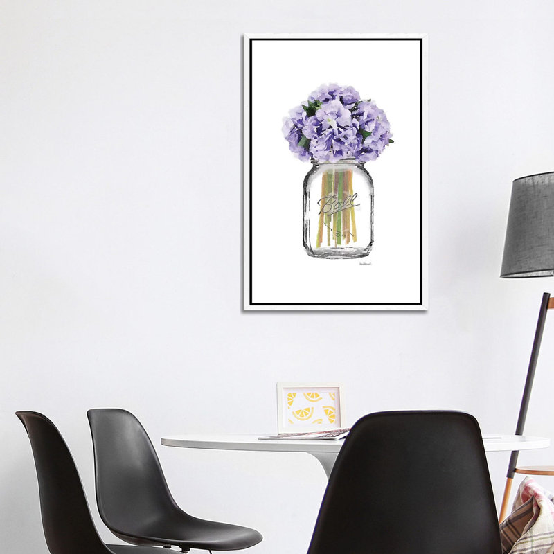 Glass Jar With Purple Hydrangeas by Amanda Greenwood - Painting on Canvas, White Framed Canvas, 101.6 cm H x 66.04 cm W