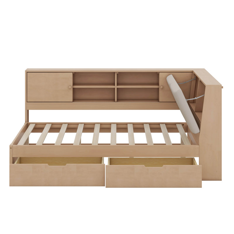 Full Size Corner Bed Frame With Storage Bookcase And Upholstered Headboard, Charging Station And Drawers, Natural, Full