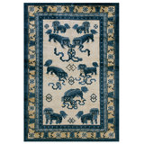 Antique Blue and Ivory Chinese Ningxia Small Foo Dog Rug