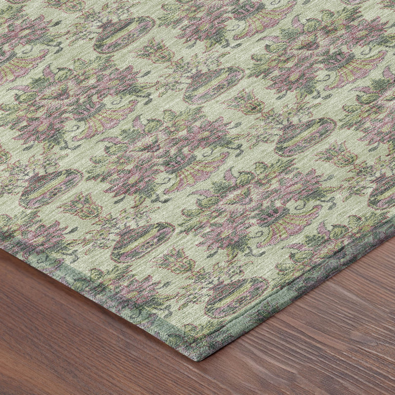 Machine Washable Indoor/Outdoor Chantille ACN2682 Floral Rug, 1'8" x 2'6", Celery
