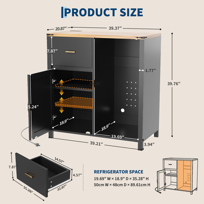 Home Bar Cabinet with Mini Fridge Space & Charging Station
