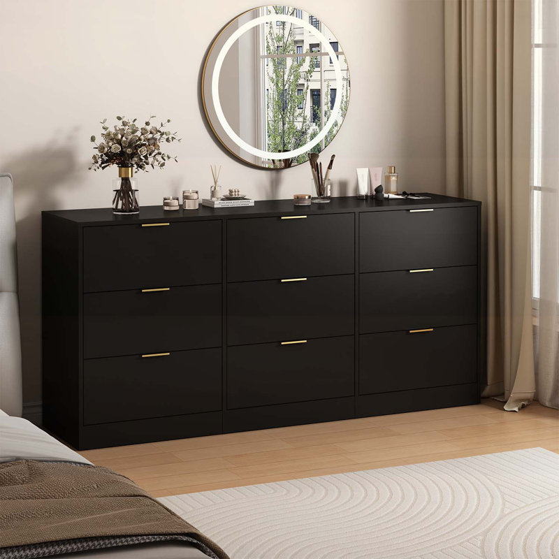 Armoire 9 tiroirs avec poignées dorées, rangement spacieux pour les chambres et les salons, Noir