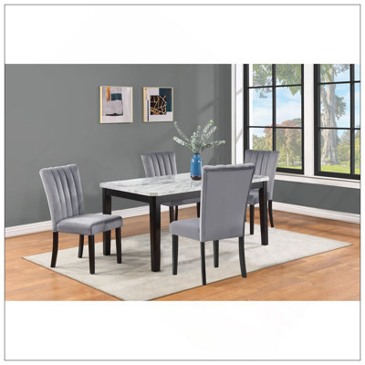 5-Piece Contemporary Dining Set Rectangular Faux Marble Table Top Black Finish Upholstered Chairs Channel Tufting Wooden Solid Wood Dining Room Kitchen Furniture