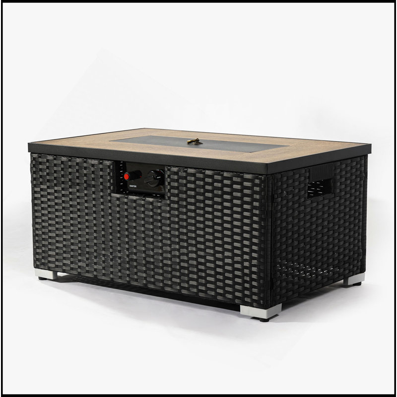 32" Propane Gas Fire Pit Table With Propane Tank Cover, 50000 BTU Rectangular Fire Pit With Beautiful Wicker Base For Outside Garden