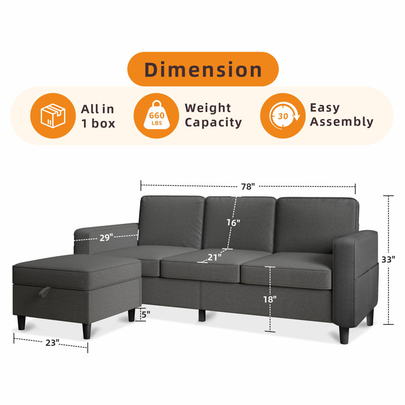 Harkeerat 78" Upholstered Sofa Couch, Dark Gray Linen