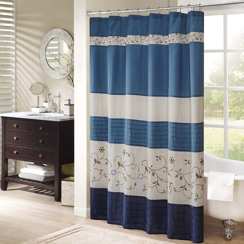 Winston Porter Rogelio Floral Embroidered Faux Silk Shower Curtain, Navy