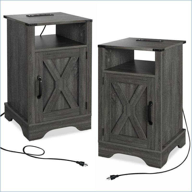 Rustic Farmhouse Nightstand 2-Pack with Charging Station - Dark Gray, Dark Gray