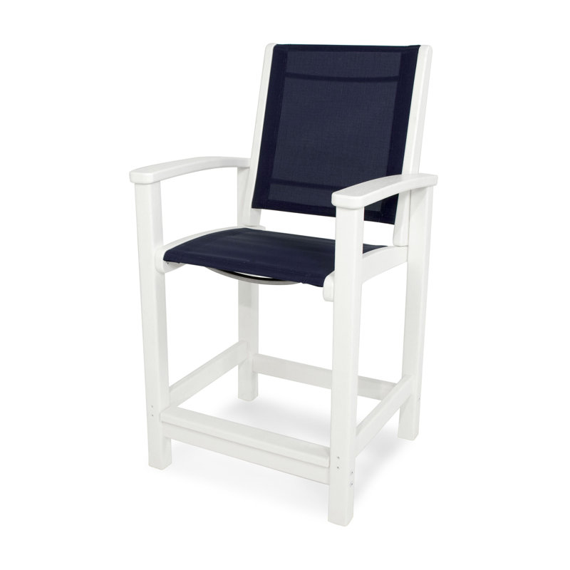 POLYWOOD Coastal Counter Chair in White / Navy Blue Sling