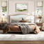 Grand lit plateforme avec tête de lit tapissier, structure grise et tissu blanc