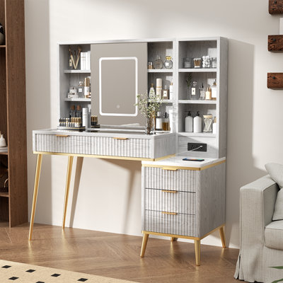 Fluted Makeup Vanity Desk With Sliding Hd Lighted Mirror, Tempered Glass Top & Built-in Charging Station